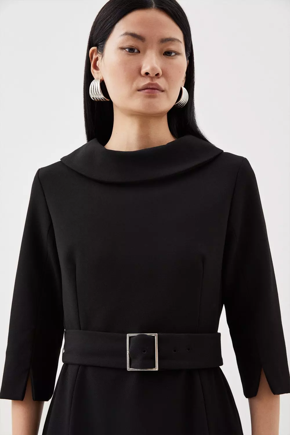 Black Petite Tailored Structured Crepe Turtleneck Pencil Midi Dress alternative image