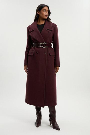 Wool Hybrid Double Breasted Tailored Midi Coat With Removable Padded Lining burgundy