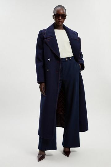 Navy Wool Hybrid Double Breasted Tailored Midi Coat With Removable Padded Lining