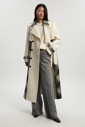Wool Check Tailored Belted Trench Midi Coat ivory