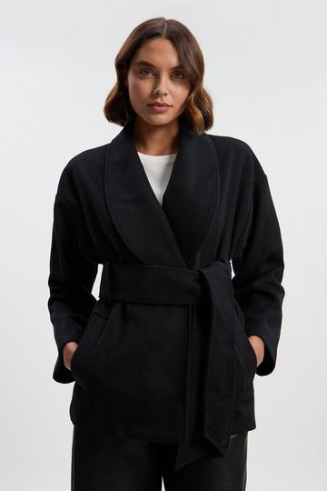 Brushed Wool Belted Wrap Tailored Short Coat black