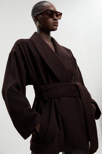 Brushed Wool Belted Wrap Tailored Short Coat chocolate