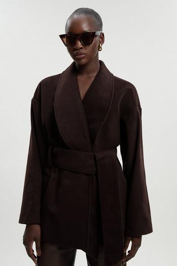Tall Brushed Wool Belted Wrap Tailored Short Coat chocolate