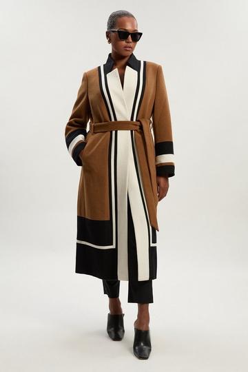 Plus Size Wool Colour Block Tailored Belted Midi Coat camel