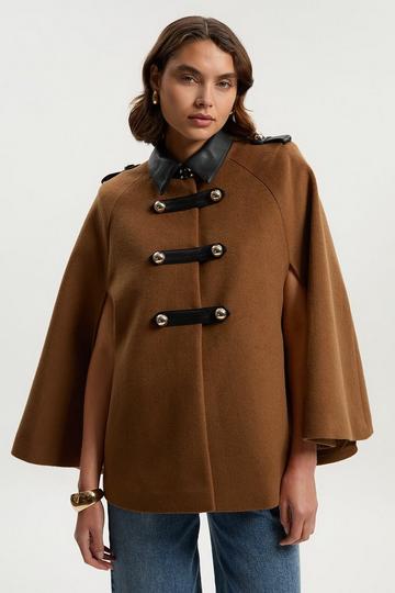 Brushed Wool PU Mix Tailored Cape Short Coat camel