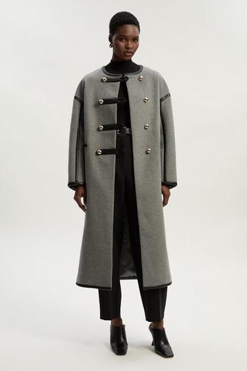 Brushed Wool PU Mix Tailored Collarless Midi Coat grey marl