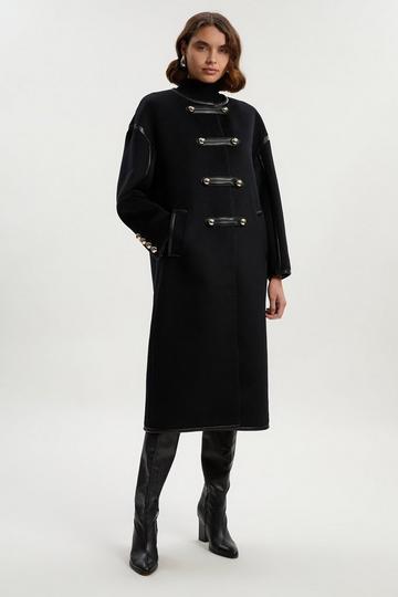 Petite Brushed Wool PU Mix Tailored Collarless Midi Coat black