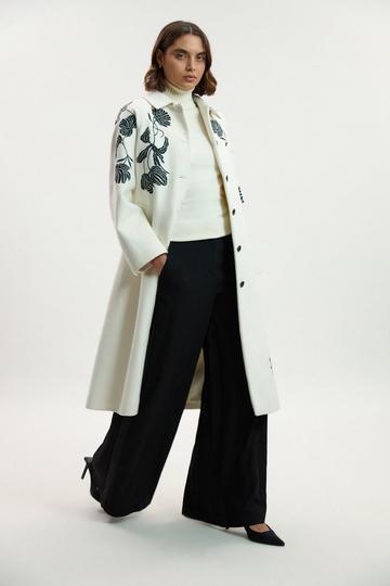 Brushed Wool Placed Embroidery Tailored Midi Coat ivory