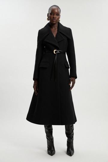 Wool Shawl Collar Belted Tailored Midi Coat black