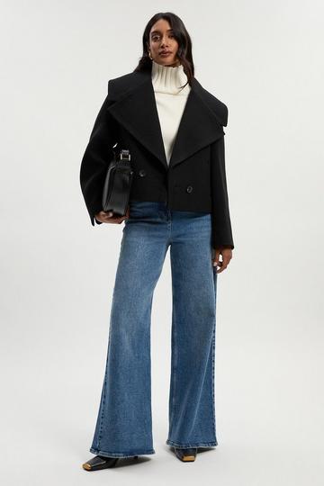 Black Wool Shawl Collar Tailored Double Breasted Short Coat