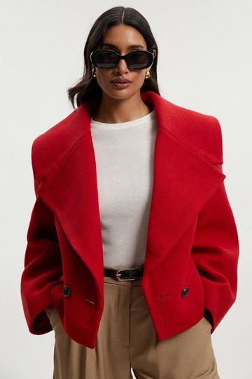 Red Wool Shawl Collar Tailored Double Breasted Short Coat