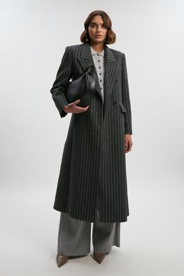 Petite Brushed Wool Pinstripe Oversized Double Breasted Tailored Maxi Coat grey
