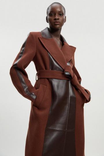 Wool PU Mix Belted Midi Coat toffee