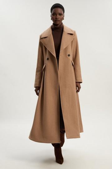 Wool Tailored Flared Skirt Midi Coat camel