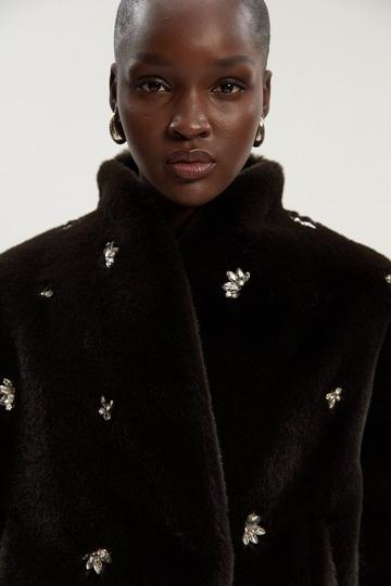 Crystal Embellished Faux Fur Short Coat chocolate