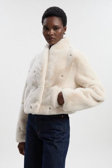 Crystal Embellished Faux Fur Short Coat cream
