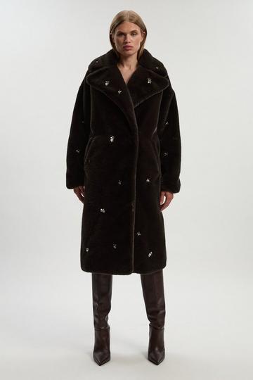 Crystal Embellished Faux Fur Long Coat chocolate