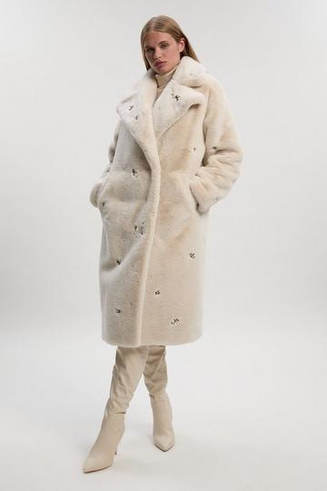 Crystal Embellished Faux Fur Long Coat cream