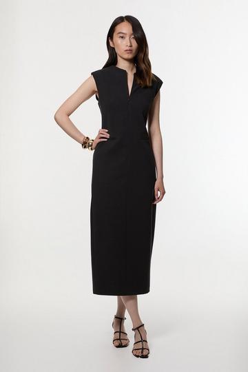 Black Compact Stretch Zip Through Tailored Pencil Midi Dress