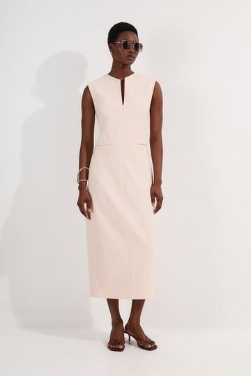 Compact Stretch Zip Through Tailored Pencil Midi Dress ivory