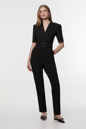 Petite Structured Crepe Forever Belted Jumpsuit black