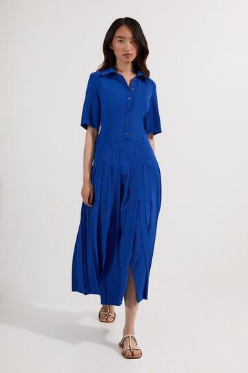 Tailored Crepe Pleated Shirt Dress cobalt