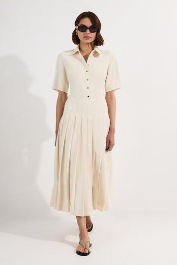 Tailored Crepe Pleated Shirt Dress ivory