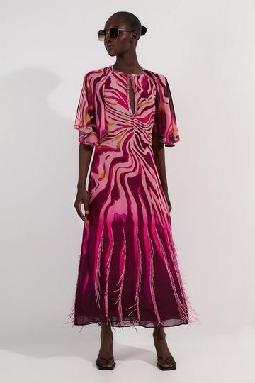 Pink Tall Animal Print Georgette Embellished Short Sleeve Woven Maxi Dress