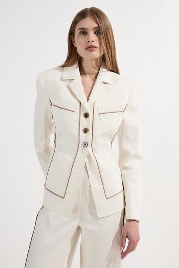 Archive Collection - Tailored Denim Belted Single Breasted Blazer ivory