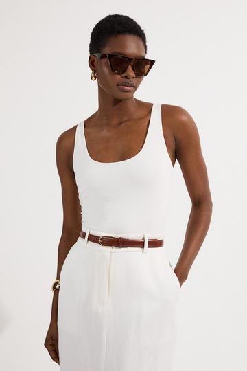 White Stretch Cotton Sleeveless Scoop Neck Jersey Bodysuit