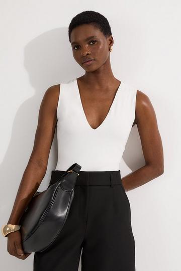 White Stretch Cotton Plunge Neck Jersey Bodysuit