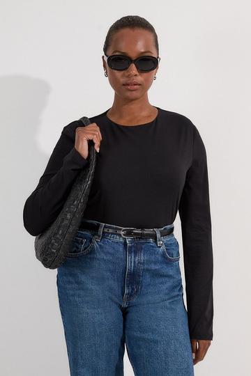 Black Plus Size Stretch Cotton Crew Neck Long Sleeve Top