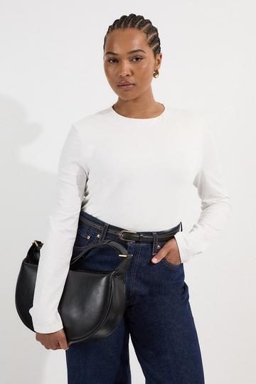 White Plus Size Stretch Cotton Crew Neck Long Sleeve Top