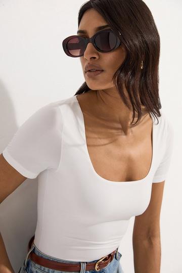 White Contour Jersey Short Sleeve Scoop Neck Top