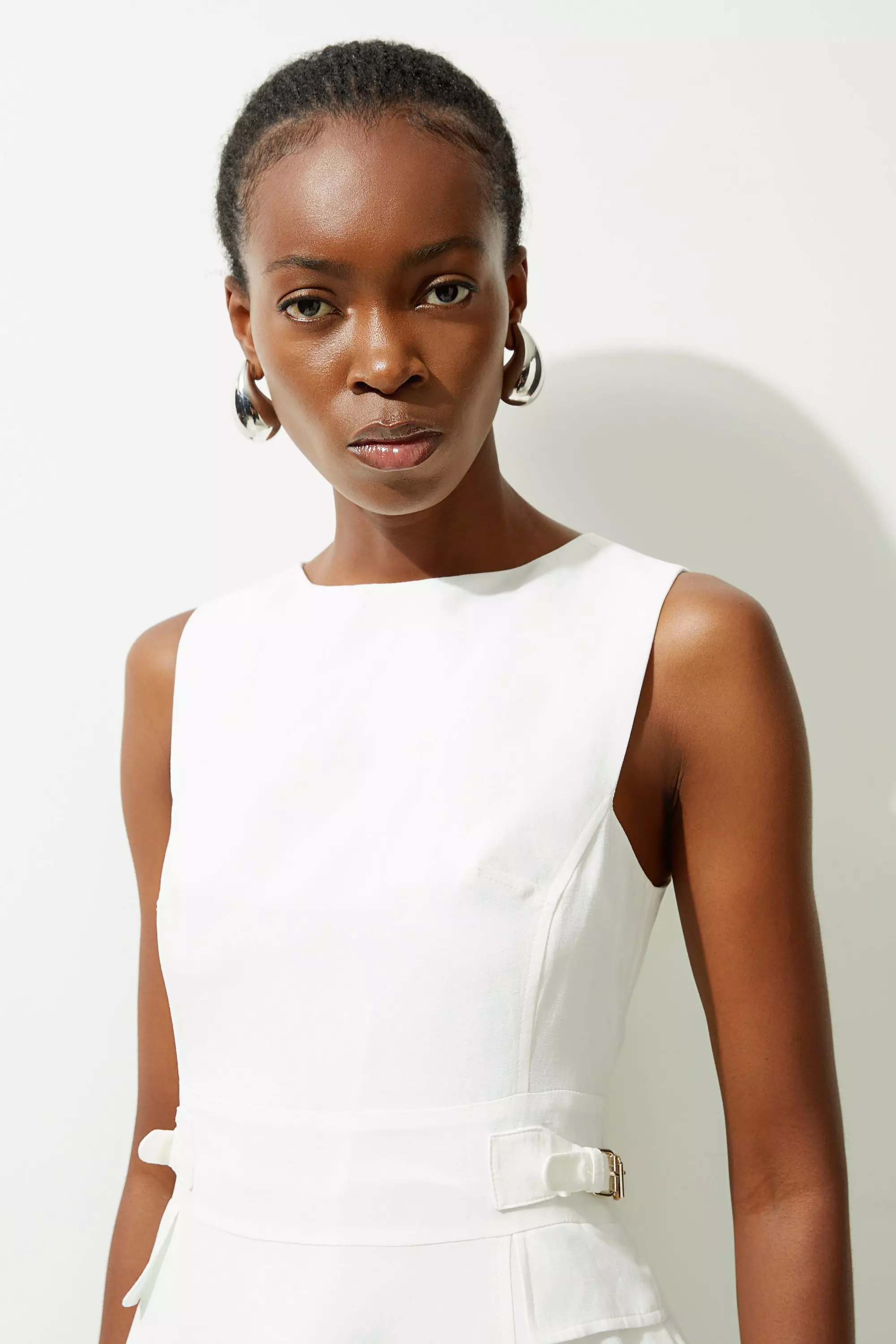 Petite Premium Linen Tab Waist Detail Full Skirt Tailored