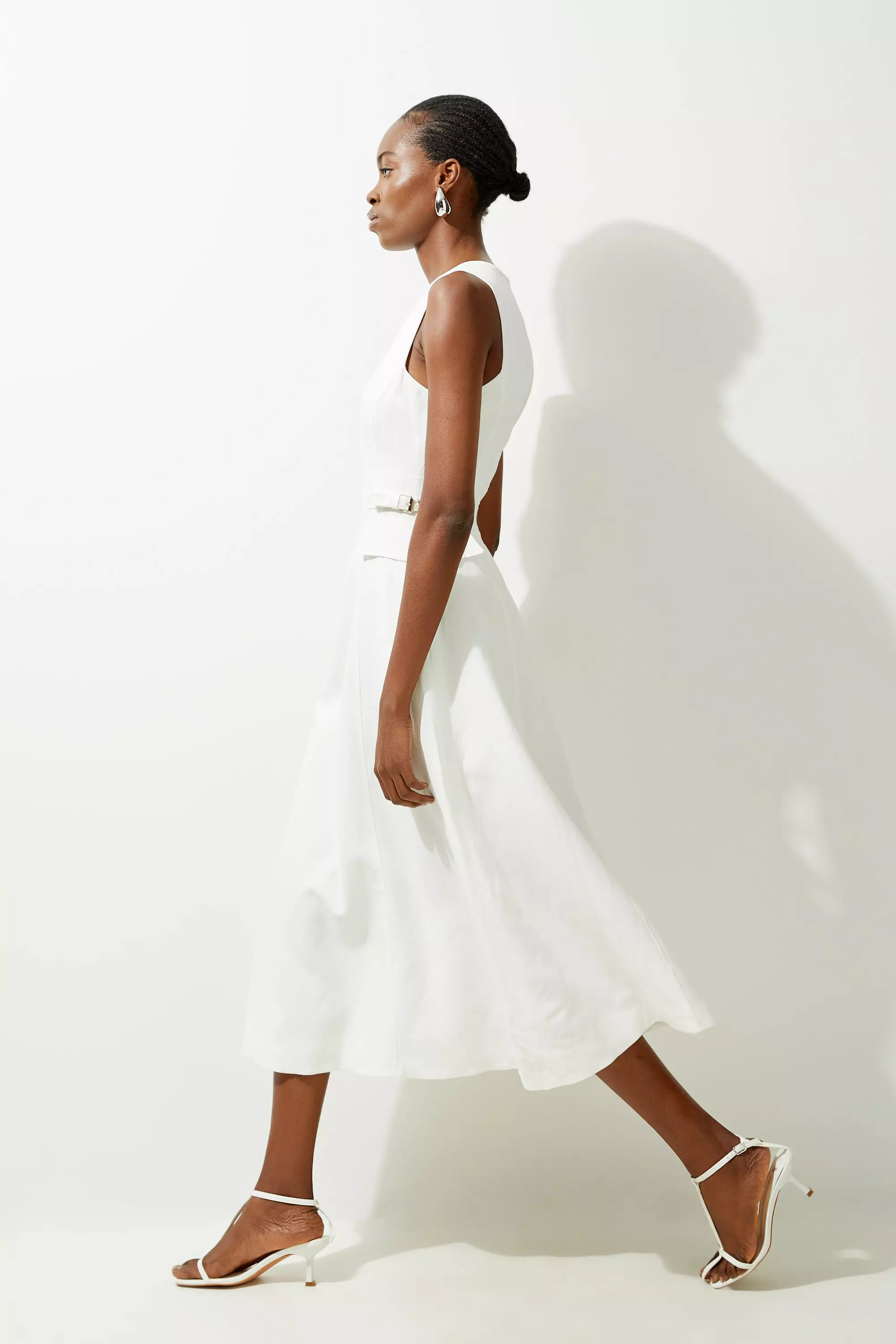 Petite Premium Linen Tab Waist Detail Full Skirt Tailored