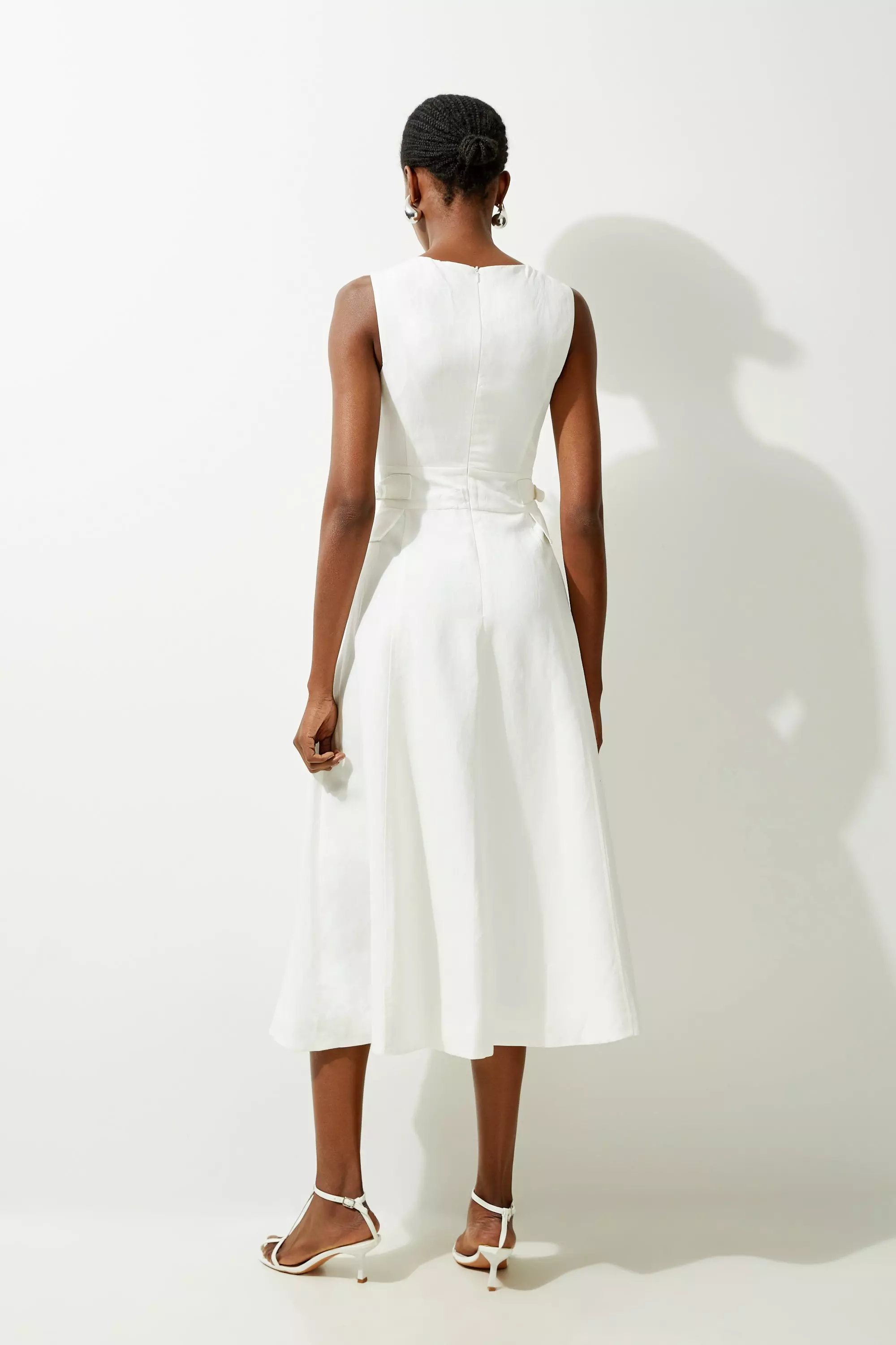Petite Premium Linen Tab Waist Detail Full Skirt Tailored
