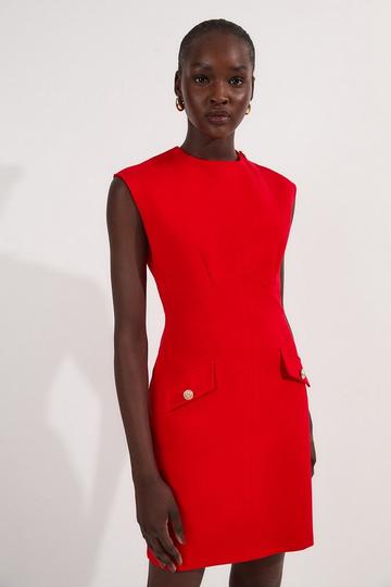 Tall Ponte Structured Mini Dress With Gold Button Detail red