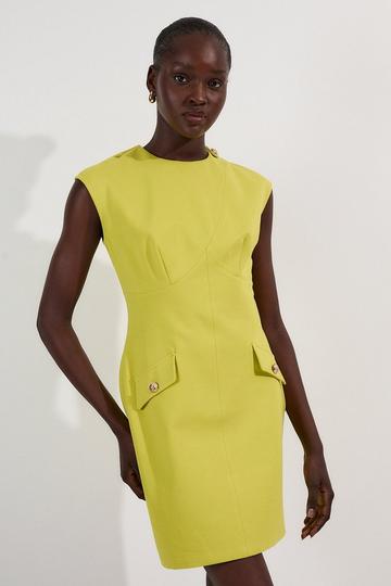 Ponte Structured Mini Dress With Gold Button Detail lime