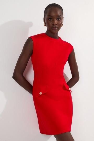 Ponte Structured Mini Dress With Gold Button Detail red
