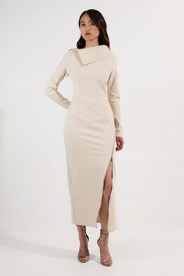 Ponte Envelope Neck Dress With Zip Split Detail cream