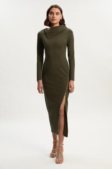 Ponte Envelope Neck Dress With Zip Split Detail khaki