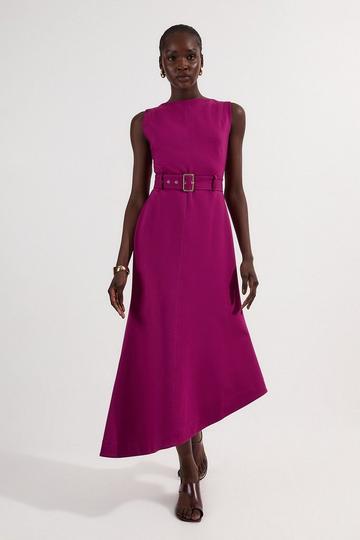 Asymmetric Hem Belted Ponte Dress plum