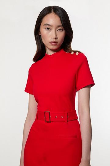 Belted Ponte Midi Dress red