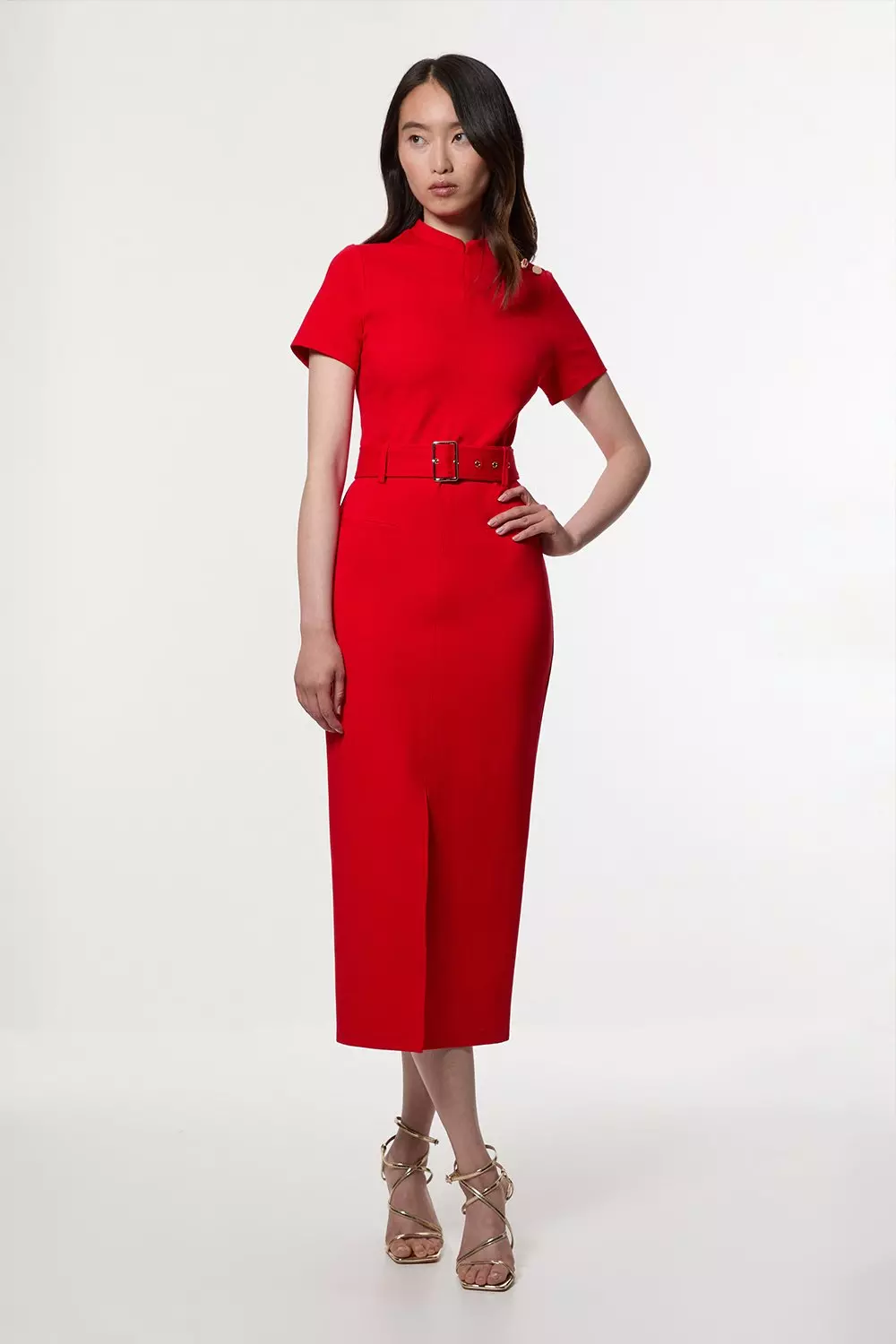 【Karen Millen】ベルト ポンテ スリット ミディドレス KAREN MILLEN Ponte Button Detail Belted Midi Dress | endource