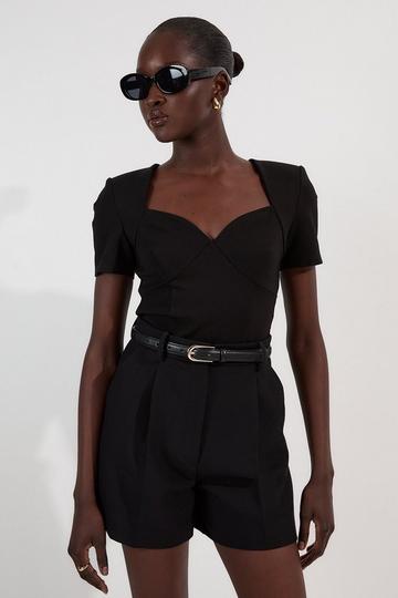 Black Ponte Short Sleeve Sweetheart Neckline Bodysuit