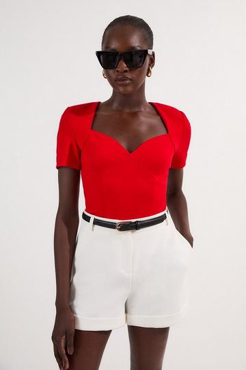 Red Ponte Short Sleeve Sweetheart Neckline Bodysuit