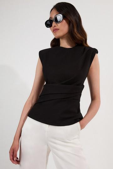 Black Ponte Ruched Waist Detail Round Neck Top