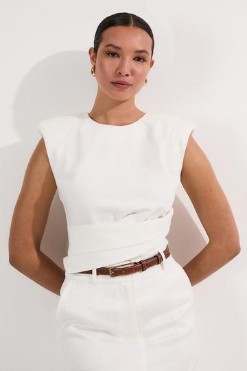 Ponte Ruched Waist Detail Round Neck Top ivory
