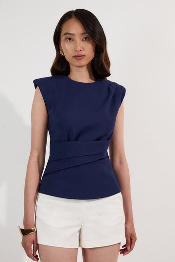 Navy Ponte Ruched Waist Detail Round Neck Top